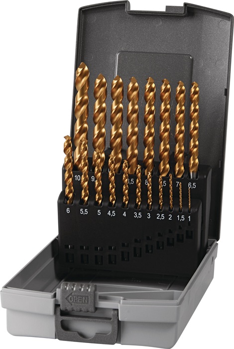TECWERK Spiralbohrersatz DIN 338 Typ UNI D.1-10x0,5mm HSS-Co TiN 19-tlg.Ku.-Kass.TECWERK