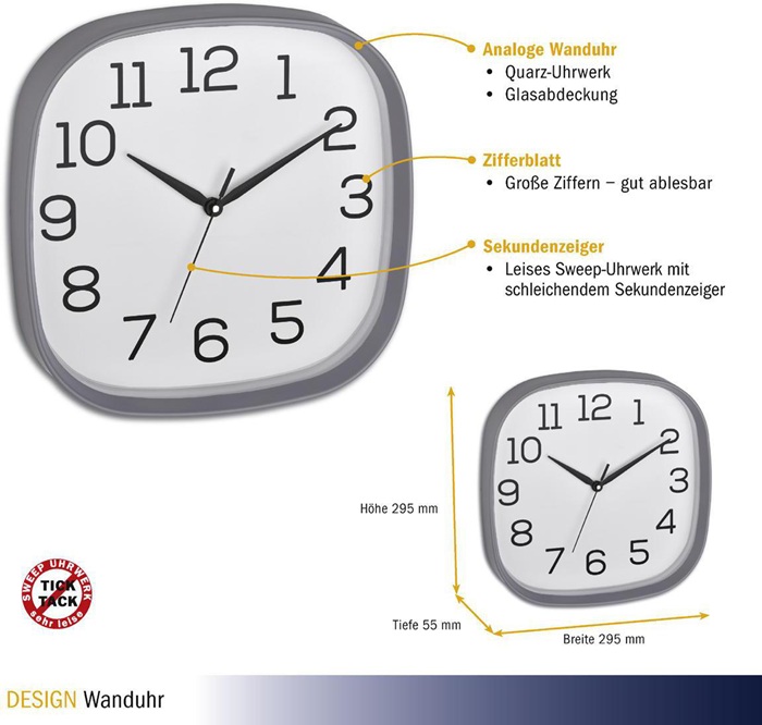 TFA Wanduhr Quarzuhr Kunststoff grau