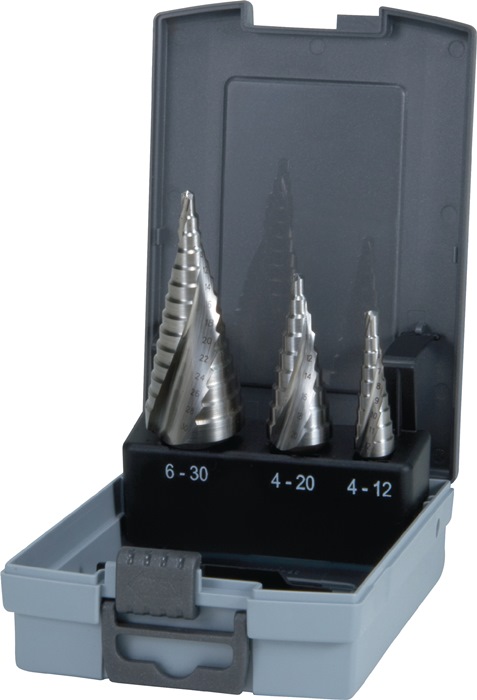 RUKO Stufenbohrersatz D.4-12/4-20/4-30mm HSS Spiralnut 3tlg.Ku.-Kass.RUKO