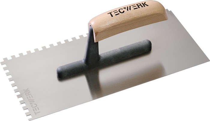 TECWERK Glättekelle L.280mm B.130mm Zahn 6x6 gehärtet,m.H-Heft STA S.0,7mm TECWERK