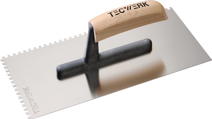 TECWERK Glättekelle L.280mm B.130mm Zahn 4x4 rostfr.m.H-Heft VA S.0,7mm TECWERK