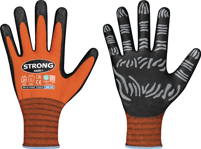 STRONGHAND Handschuhe TIGER TOUCH Gr.8 orange/schwarz 92% PA/8% Elastan,Nitrilschaum - Vorteilspack