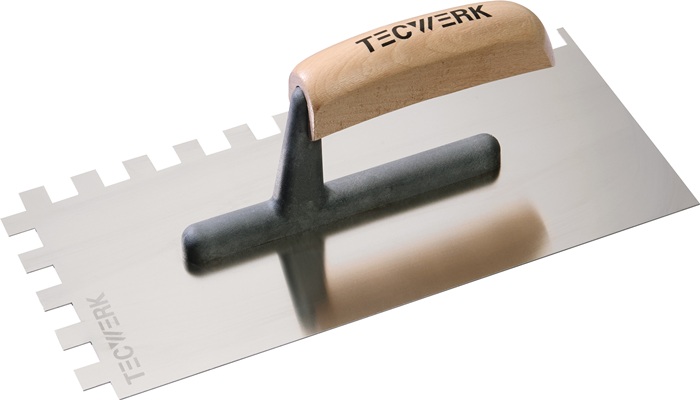 TECWERK Glättekelle L.280mm B.130mm Zahn 12x12 rostfr.H-Heft VA S.0,7mm TECWERK